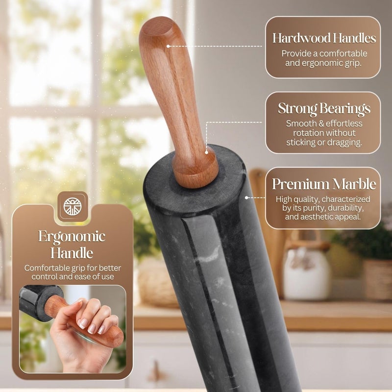 Flexzion Black Marble Rolling Pin, 10-inch with Wooden Handle and Holder Base Stand, Marble Rolling Pin for Baking Pastry Pizza Dough Roller Fondant Cookie Pie Crust Pasta Bakery Roller Pin - Image 4